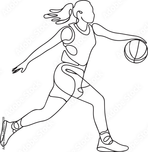 Continuous single one line drawing of basketball woman player healthy sport.one line vector illustration with out background