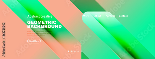 Modern website header design. Gradient colors, geometric shapes, navigation menu present. Minimalist aesthetic, inviting layout.