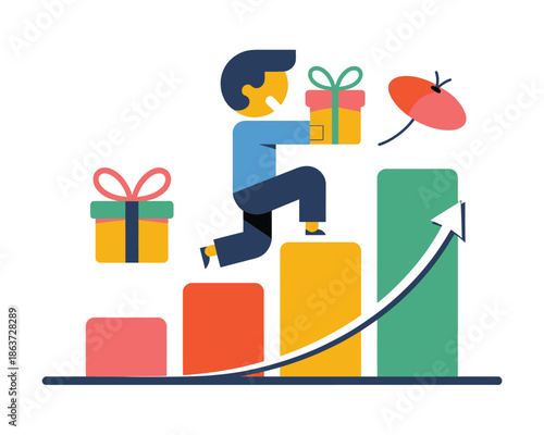 Man with gift boxes climbing rising bar chart symbolizing growth and success