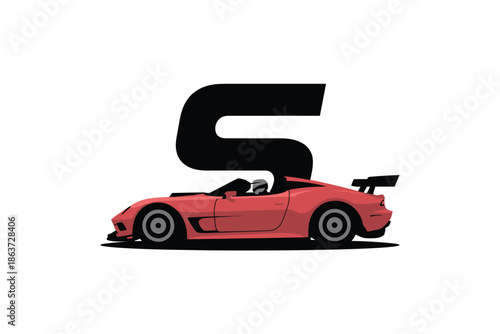 A sleek red sports car with a large black letter S on a white background