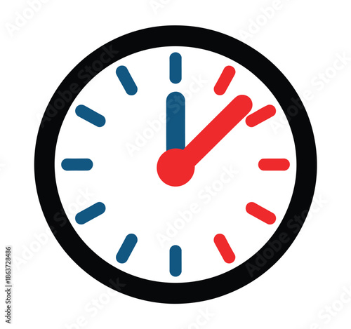 A colorful clock icon with red and blue hands on a white background