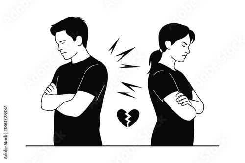 A couple stands apart with a broken heart between them, symbolizing a painful separation or divorce.