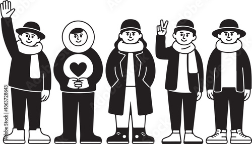 black and white illustration of five people standing in a row