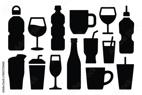A collection of black silhouettes depicting various drinkware and bottles on a white background