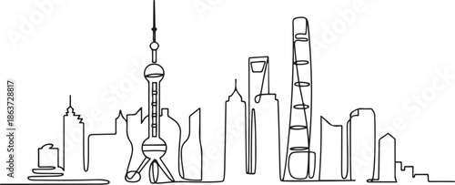 Shanghai architecture continuous one line vector drawing. one line vector illustration with out background