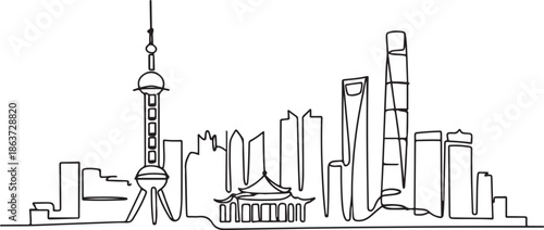 Shanghai architecture continuous one line vector drawing. one line vector illustration with out background