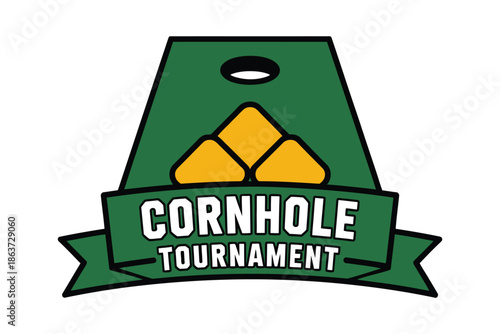 A vibrant cornhole tournament logo with a green board and yellow beanbags on a white background