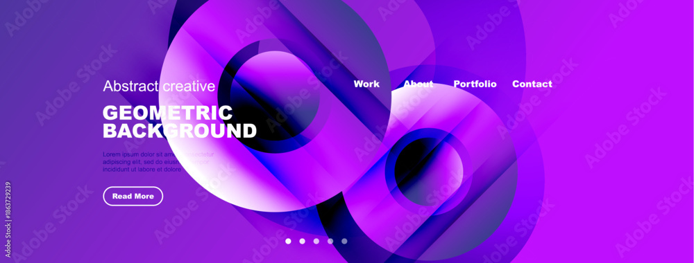 Naklejka premium Abstract purple design features flowing geometric shapes. Text elements include work, about, portfolio, contact options. Modern aesthetic.
