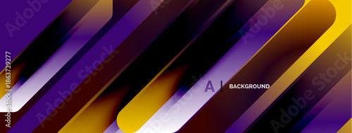 Abstract design features dynamic diagonal stripes. Colors include purple, gold, black, creating modern visual impact. Smooth gradients enhance depth.