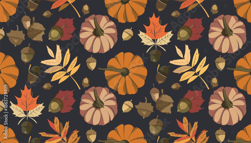 Autumn Leaves Acorns and Pumpkins Seamless Pattern - Warm Tones Vector Illustration