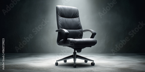 Black executive chair spotlighted in an empty, dark room, symbolizing leadership, power, and a vacant position
