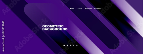 Abstract purple design. Geometric shapes overlap, creating dynamic visual effect. Navigation menu present at top. Minimalist style.