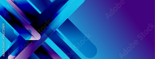 Abstract geometric shapes overlap, creating vibrant blue, purple gradients. Modern design suggests technology, innovation, digital art.