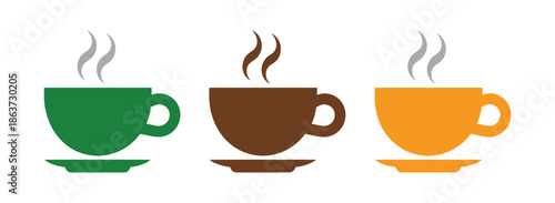 A colorful illustration of three steaming cups of coffee on saucers
