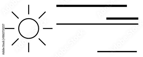 Weather, energy, environment, minimalism, nature seasons. Sun surrounded by rays and horizontal lines suggesting wind or motion. Weather and energy. Line metaphor. Simple line icons