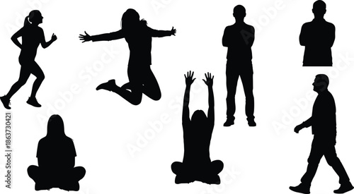 Human silhouettes, running pose, jumping figure, sitting cross-legged, walking motion, standing posture, black vector, contrast art, minimal design, movement