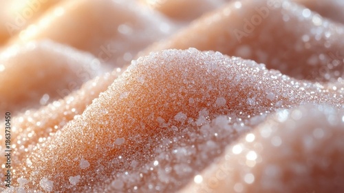 Close up abstract texture of a pink bubbly surface covered in fine white crystals with warm light