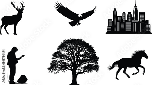 Silhouette mix, deer antlers, eagle flying, city skyline, guitar player, tree shape, horse running, black vector, contrast, lifestyle
