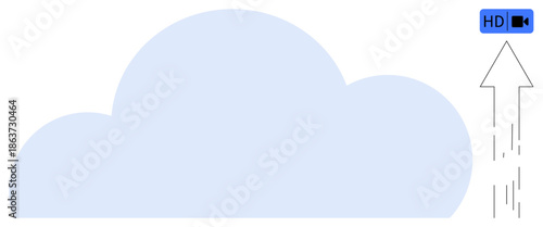 Cloud computing, data storage, video streaming, information sharing, technology infrastructure, internet services. A cloud symbol, HD video icon and arrow data upload. Cloud computing and data