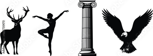 Silhouette fusion, deer antlers, ballet dancer, Greek column, eagle flying, leafless tree, cityscape skyline, black vector, contrast, culture