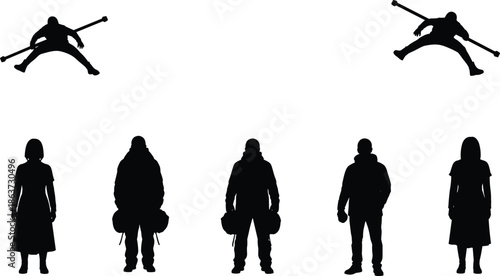 Winter silhouettes, ski stunts, snowboard jump, standing figures, winter gear, fashion pose, black vector, contrast art, lifestyle, snow culture