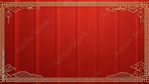 Elegant red backdrop with golden ornate frame and traditional lanterns