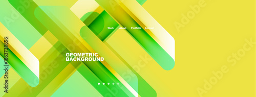 Abstract geometric background. Vibrant green, yellow hues create modern design. Text elements present work, about, portfolio, contact.