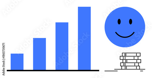 Business growth concept. Business growth illustrated with a bar chart, happy face, and coins emphasizing prosperity and positive results. For entrepreneurship, success metrics, and finance-related