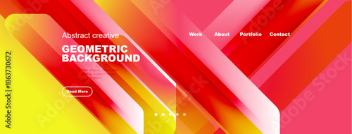 Modern website header design. Bright gradients, geometric shapes, navigation menu present. Text includes geometric background, read more.