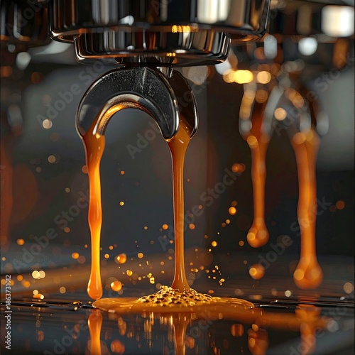 Close-up of espresso machine dispensing freshly brewed coffee
