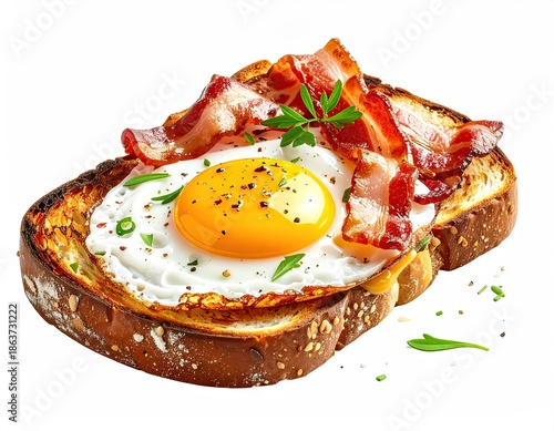 Fried egg on toast with bacon and herbs, isolated on white background
