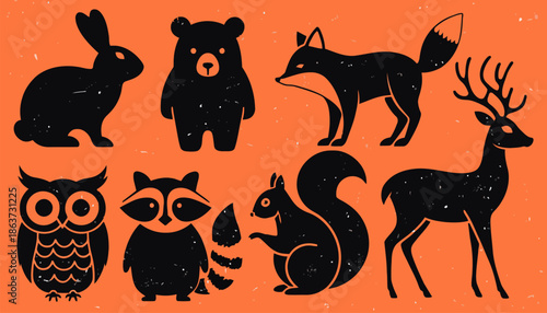 Vibrant animal silhouettes on orange background for design
