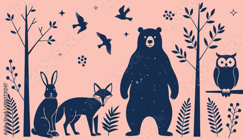 Whimsical forest scene with bear, rabbit, fox, and owl in harmony