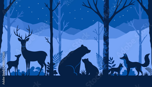 Majestic forest scene with animals under starry night sky