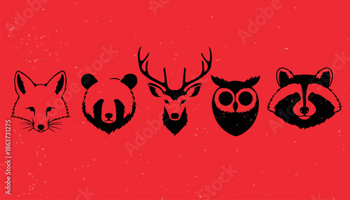 Black silhouettes of various animal faces on red background