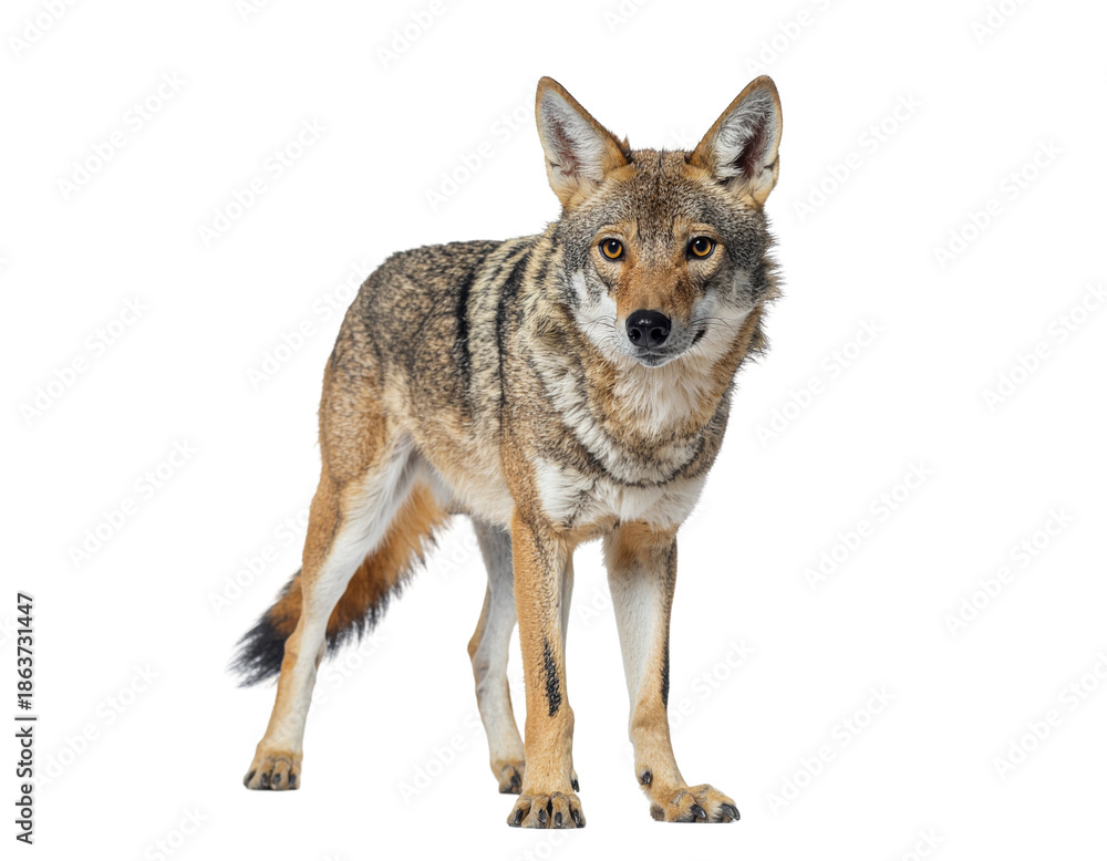Fototapeta premium Coyote standing alert on white background showcasing stiff legs and bushy tail