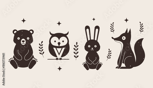 Whimsical forest animals in minimalist style for design