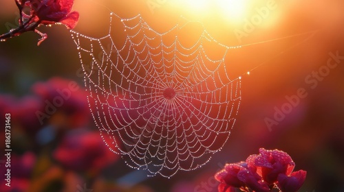 Dewdrops Adorn Spiderweb with Pink Flowers and Golden Sunlight Background