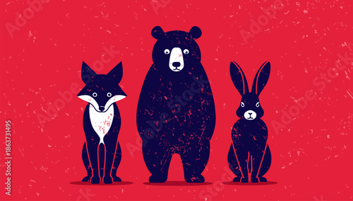 Dark blue bear, fox and rabbit standing on red background