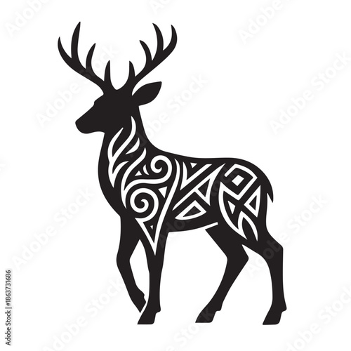 Tribal tattoo-inspired deer silhouette suited for bold, unique graphic artwork.