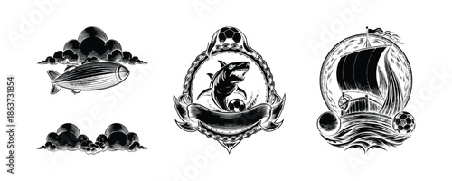 Set of 3 vintage soccer badge templates. Retro engraving style football emblems featuring shark mascot, viking sailing ship, and zeppelin airship. Monochrome vector crests with clouds and waves.