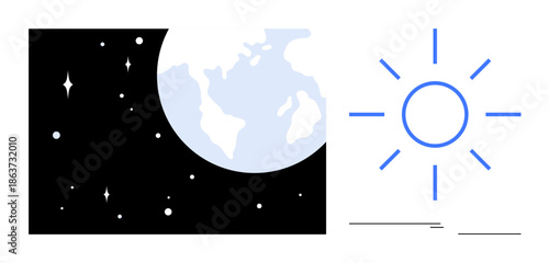 Earth against a starry space background with the Sun represented by a bright, simplified icon. Ideal for astronomy, day-and-night cycles, education, sustainability, science, global awareness, time