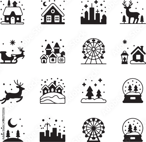 Black silhouettes of winter holiday icons and symbols on white background
