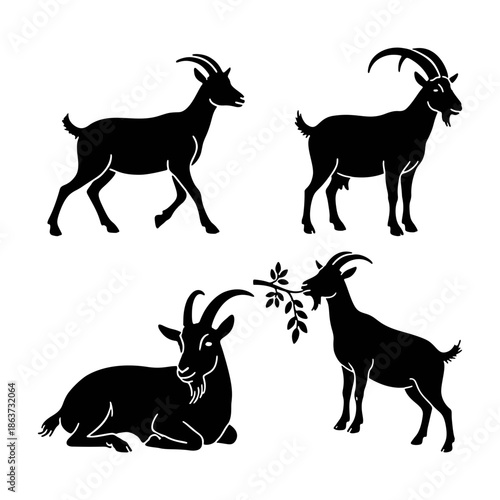 Silhouette collection of domestic goats in various climbing and standing poses.