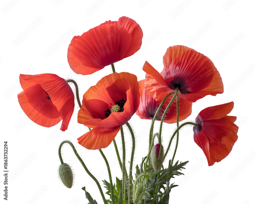 Obraz premium Vibrant red poppies isolated on transparent background