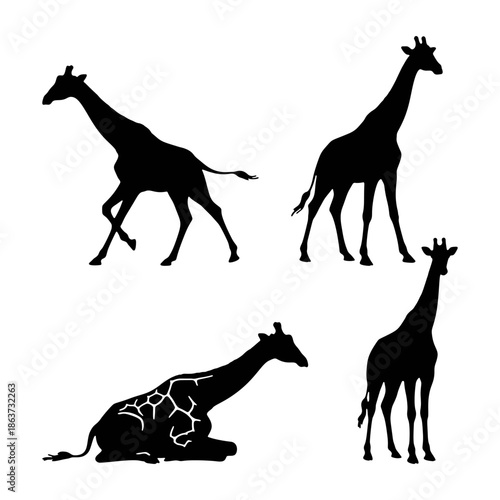 Silhouette collection of tall giraffes in various safari savanna poses.