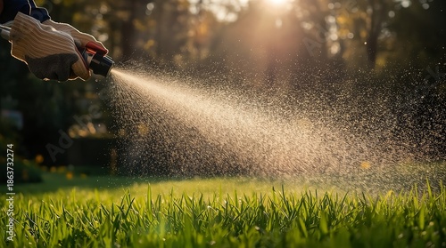 A person in protective gloves sprays a garden using a handheld sprayer, created with generative ai