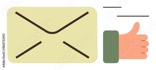 Digital communication, customer reviews, positive messaging, remote collaboration, business updates, feedback systems. Envelope with a thumbs-up hand gesture. Email communication and customer reviews
