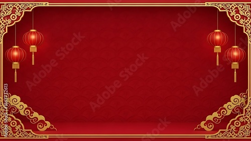 Elegant red background with golden ornaments and hanging lanterns