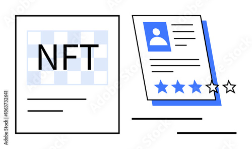 NFT checkered logo and user profile card with star ratings symbolize digital ownership and evaluation. Ideal for blockchain, rating system, profile management, credentialing, reviews, transparency